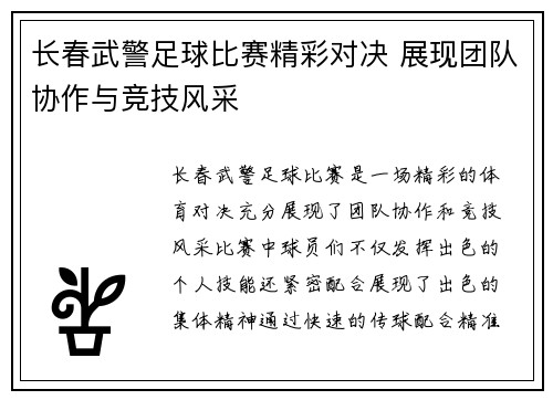 长春武警足球比赛精彩对决 展现团队协作与竞技风采