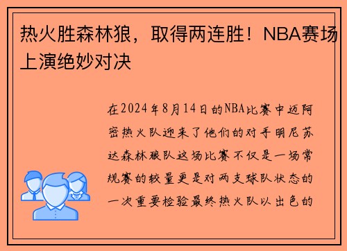 热火胜森林狼，取得两连胜！NBA赛场上演绝妙对决