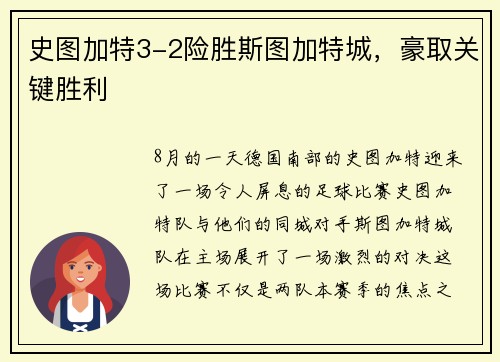 史图加特3-2险胜斯图加特城，豪取关键胜利