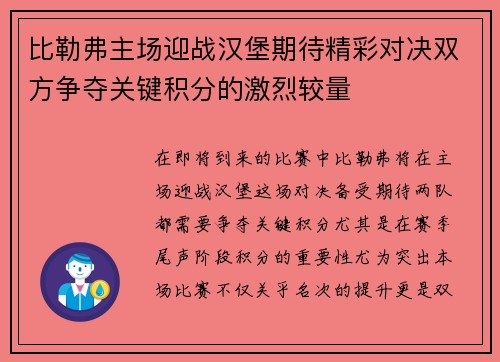 比勒弗主场迎战汉堡期待精彩对决双方争夺关键积分的激烈较量
