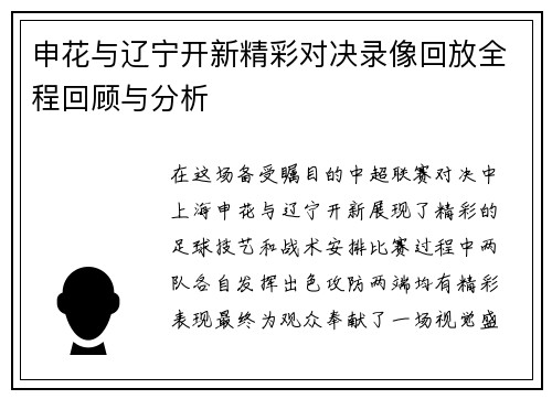申花与辽宁开新精彩对决录像回放全程回顾与分析