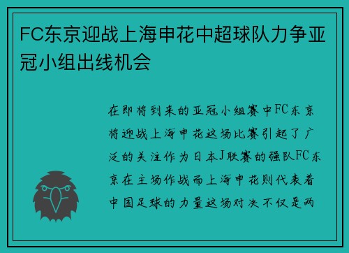 FC东京迎战上海申花中超球队力争亚冠小组出线机会