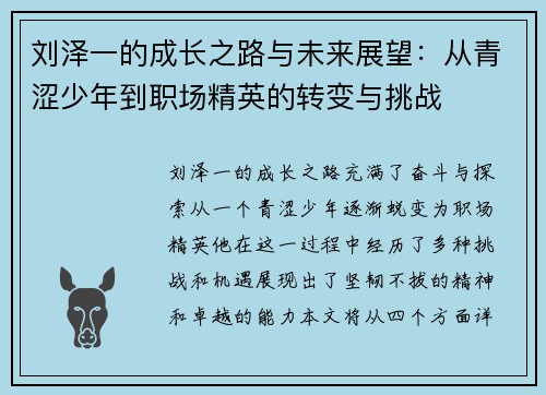 刘泽一的成长之路与未来展望：从青涩少年到职场精英的转变与挑战