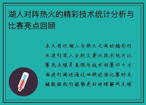 湖人对阵热火的精彩技术统计分析与比赛亮点回顾