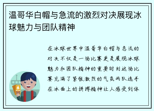 温哥华白帽与急流的激烈对决展现冰球魅力与团队精神