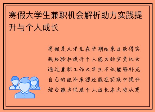 寒假大学生兼职机会解析助力实践提升与个人成长